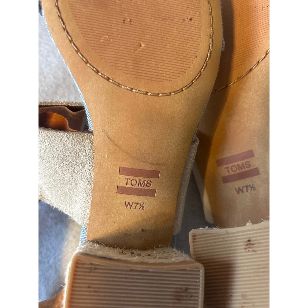 TOMS Block‎ Heel Sandals Womens 7.5 Blue Cream Tan Good Mixed Media Espadrille